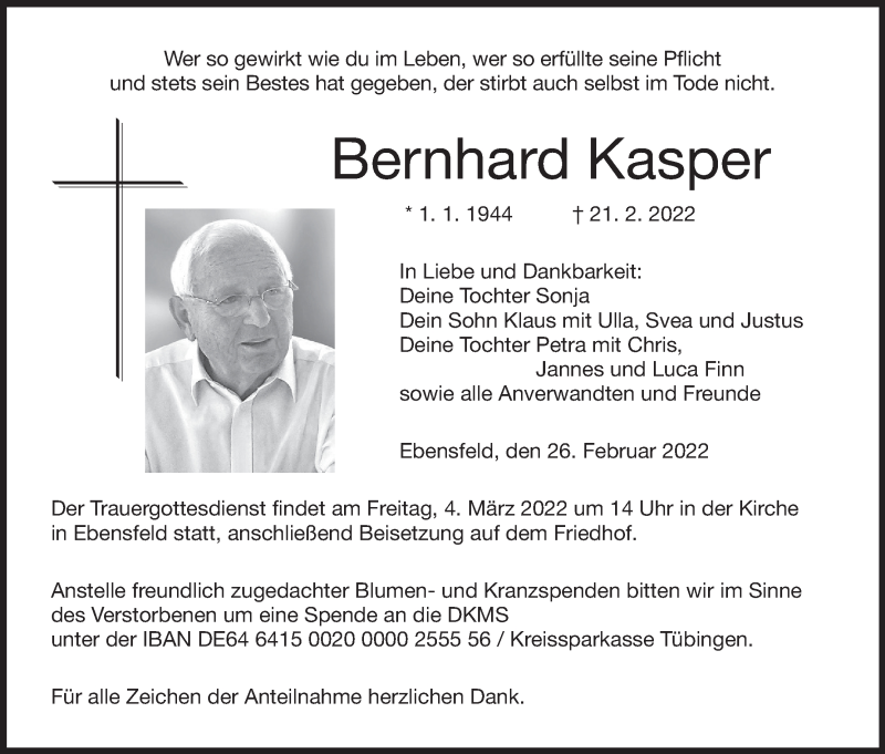  Traueranzeige für Bernhard Kasper vom 26.02.2022 aus MGO