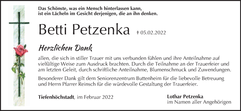  Traueranzeige für Betti Petzenka vom 26.02.2022 aus MGO