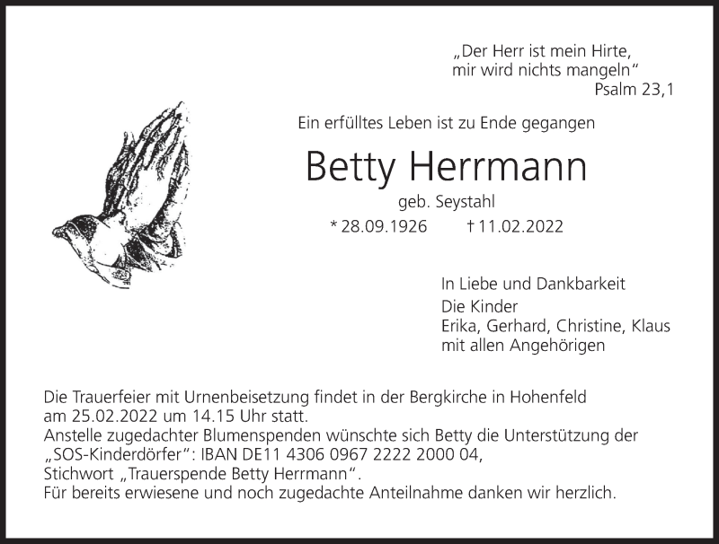  Traueranzeige für Betty Herrmann vom 19.02.2022 aus MGO