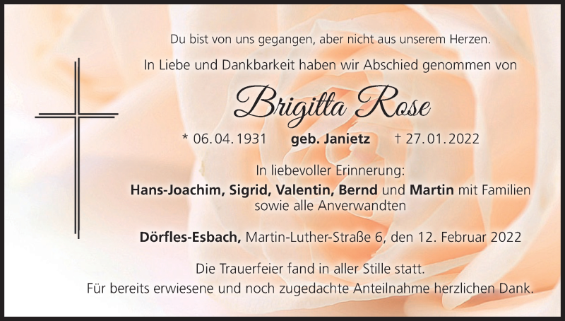  Traueranzeige für Brigitta Rose vom 12.02.2022 aus MGO
