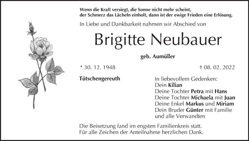 Traueranzeige für Brigitte Neubauer vom 19.02.2022 aus MGO