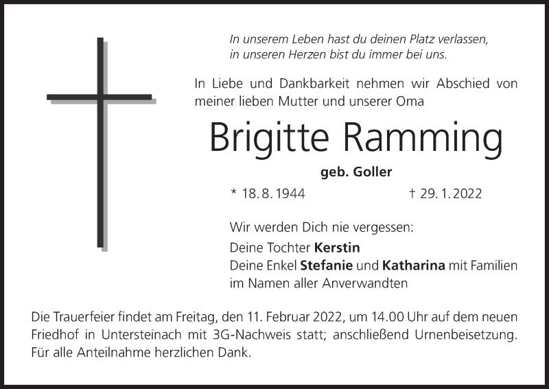  Traueranzeige für Brigitte Ramming vom 05.02.2022 aus MGO