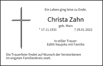 Anzeige von Christa Zahn von MGO