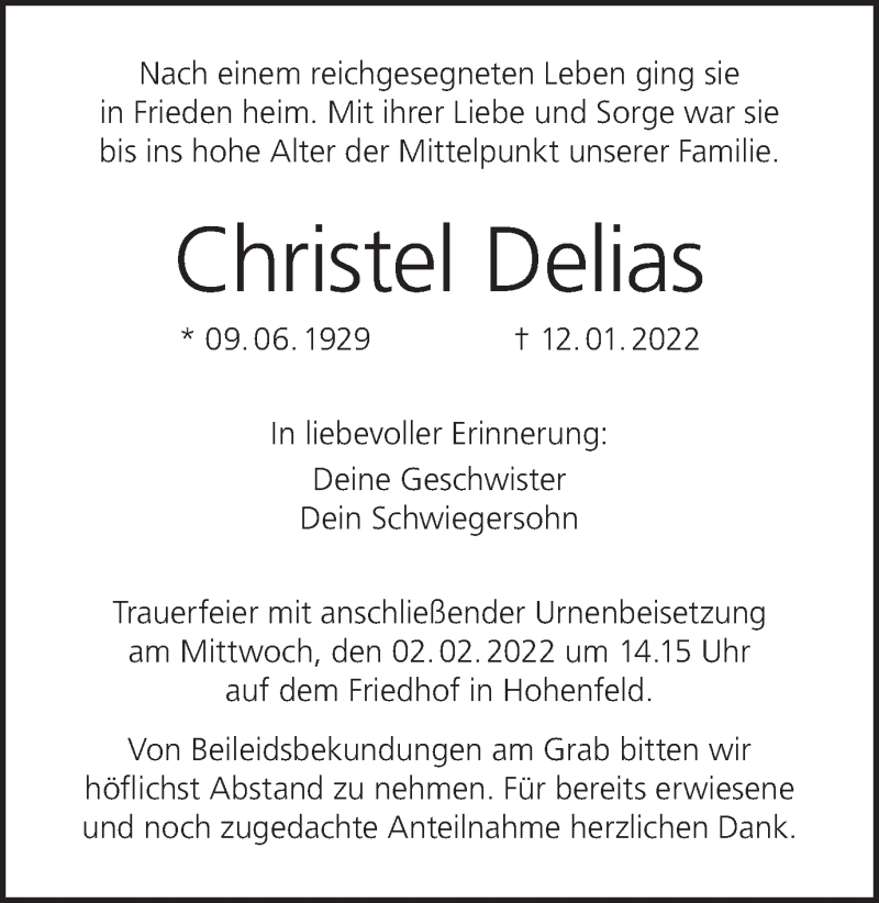  Traueranzeige für Christel Delias vom 31.01.2022 aus MGO