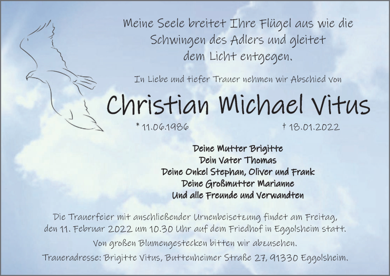  Traueranzeige für Christian Michael Vitus vom 05.02.2022 aus MGO