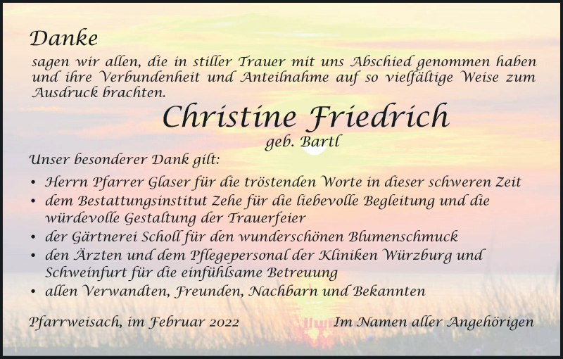  Traueranzeige für Christine Friedrich vom 19.02.2022 aus MGO