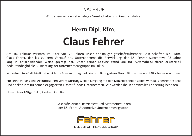  Traueranzeige für Claus Fehrer vom 16.02.2022 aus MGO