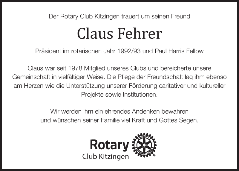  Traueranzeige für Claus Fehrer vom 18.02.2022 aus MGO