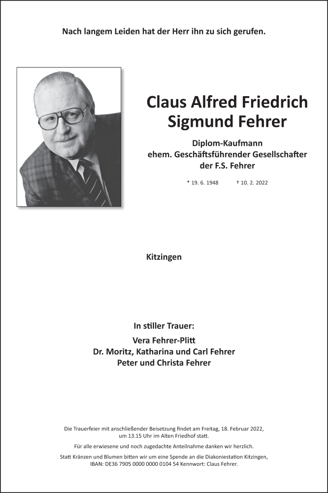  Traueranzeige für Claus Alfred Friedrich Sigmund Fehrer vom 12.02.2022 aus MGO