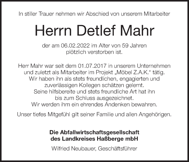  Traueranzeige für Detlef MAhr vom 09.02.2022 aus MGO