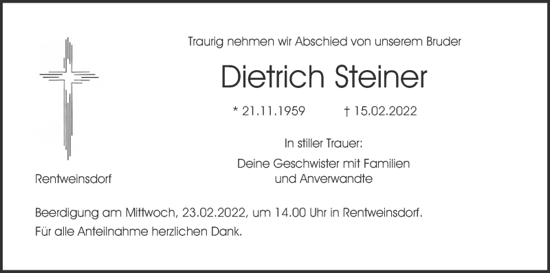  Traueranzeige für Dietrich Steiner vom 19.02.2022 aus MGO