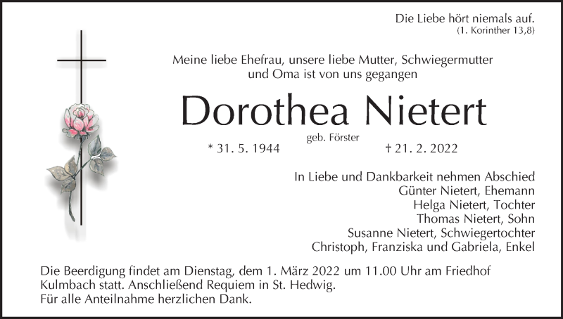  Traueranzeige für Dorothea Nietert vom 26.02.2022 aus MGO