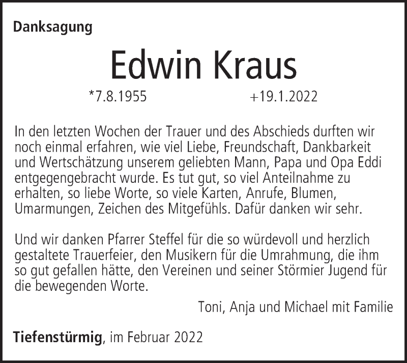  Traueranzeige für Edwin Kraus vom 26.02.2022 aus MGO