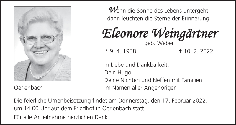 Traueranzeige für Eleonore Weingärtner vom 12.02.2022 aus MGO