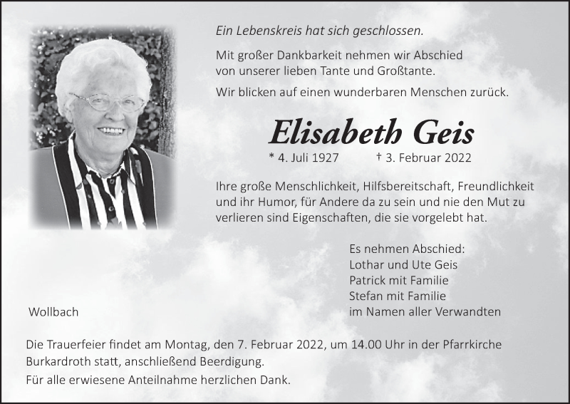  Traueranzeige für Elisabeth Geis vom 05.02.2022 aus MGO