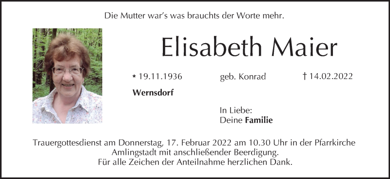  Traueranzeige für Elisabeth Maier vom 16.02.2022 aus MGO