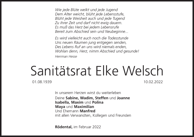  Traueranzeige für Elke Welsch vom 16.02.2022 aus MGO