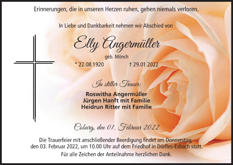  Traueranzeige für Elly Angermüller vom 01.02.2022 aus MGO