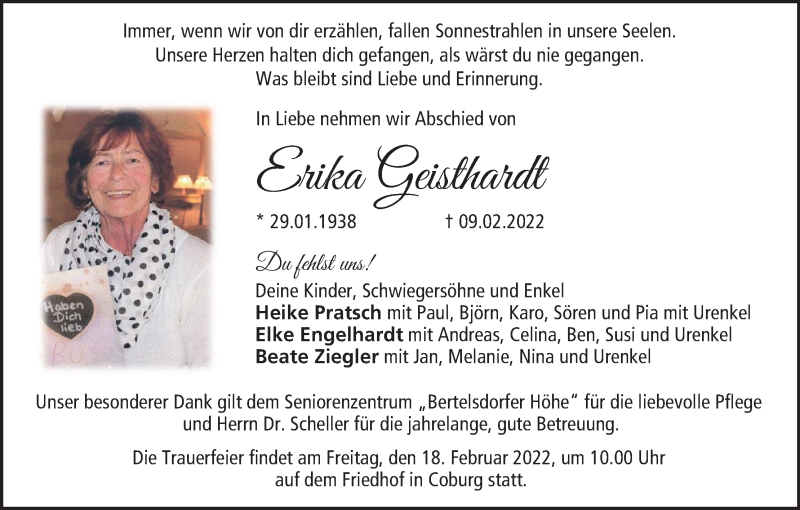  Traueranzeige für Erika Geisthardt vom 12.02.2022 aus MGO