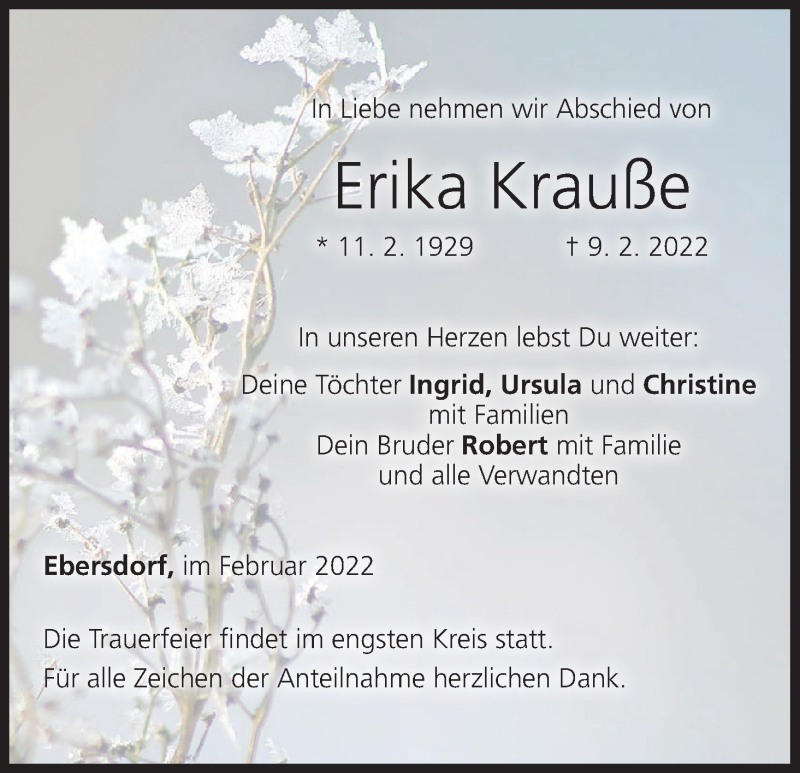  Traueranzeige für Erika Krauße vom 12.02.2022 aus MGO