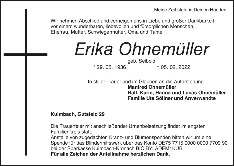  Traueranzeige für Erika Ohnemüller vom 09.02.2022 aus MGO