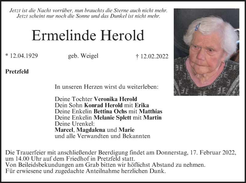  Traueranzeige für Ermelinde Herold vom 15.02.2022 aus MGO