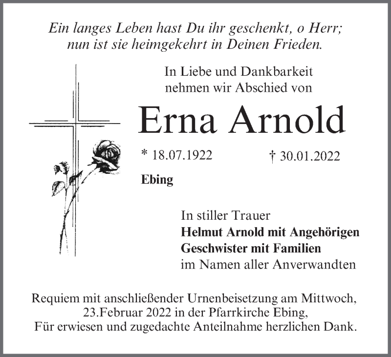  Traueranzeige für Erna Arnold vom 19.02.2022 aus MGO