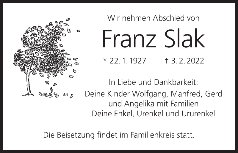 Traueranzeige für Franz Slak vom 05.02.2022 aus MGO