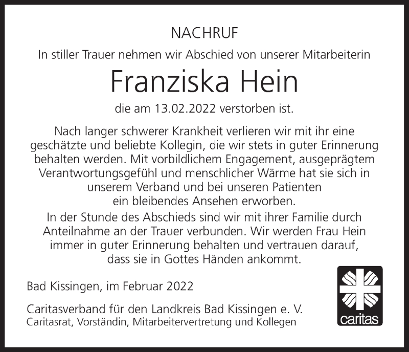  Traueranzeige für Franziska Hein vom 24.02.2022 aus MGO