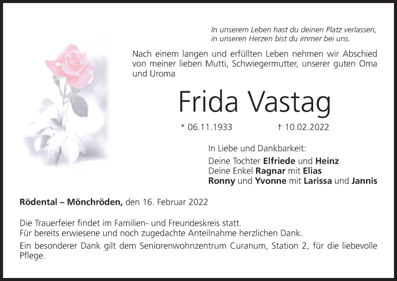  Traueranzeige für Frida Vastag vom 16.02.2022 aus MGO