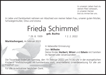 Anzeige von Frieda Schimmel von MGO