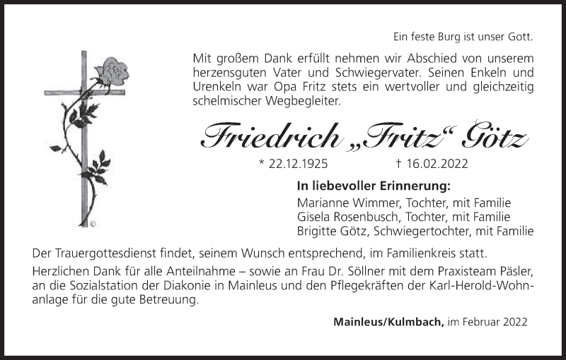  Traueranzeige für Friedrich Götz vom 18.02.2022 aus MGO