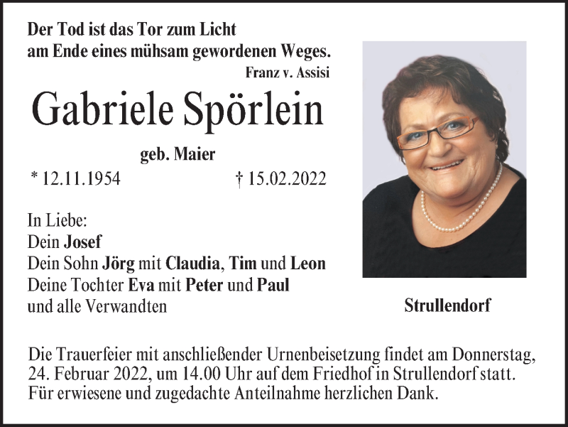  Traueranzeige für Gabriele Spörlein vom 19.02.2022 aus MGO