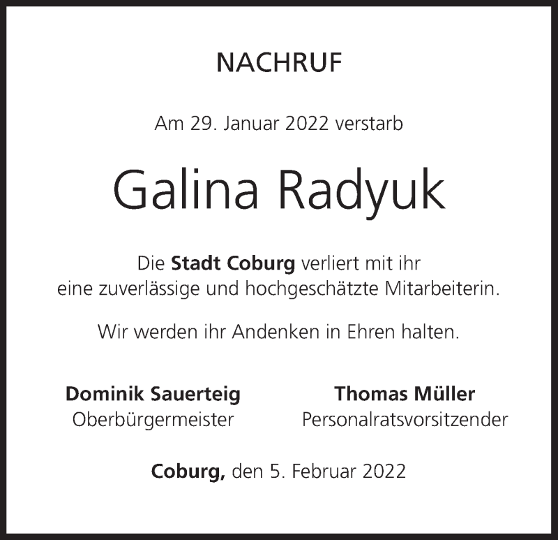  Traueranzeige für Galina Radyuk vom 05.02.2022 aus MGO