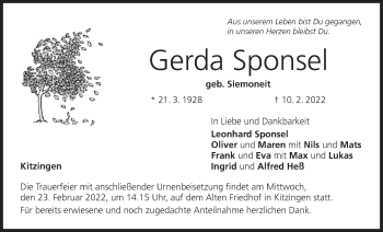Anzeige von Gerda Sponsel von MGO