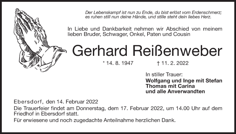  Traueranzeige für Gerhard Reißenweber vom 14.02.2022 aus MGO