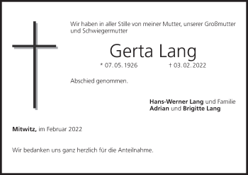 Anzeige von Gerta Lang von MGO