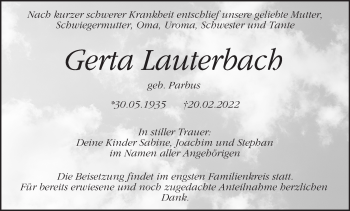 Anzeige von Gerta Lauterbach von MGO