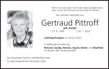 Anzeige von Gertraud Pittroff von MGO