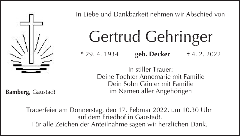  Traueranzeige für Gertrud Gehringer vom 12.02.2022 aus MGO