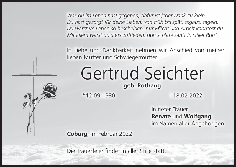  Traueranzeige für Gertrud Seichter vom 26.02.2022 aus MGO