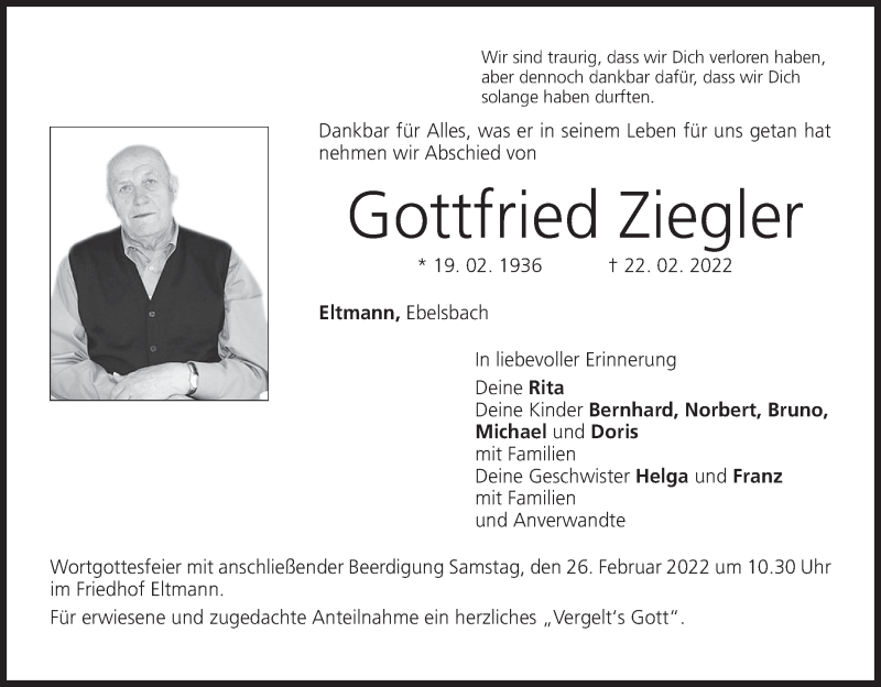  Traueranzeige für Gottfried Ziegler vom 24.02.2022 aus MGO