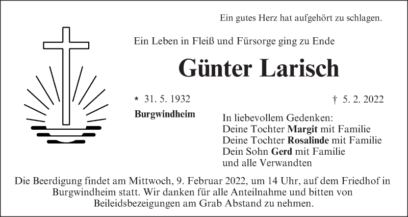  Traueranzeige für Günter Larisch vom 08.02.2022 aus MGO