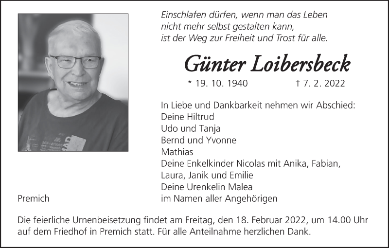  Traueranzeige für Günter Loibersbeck vom 12.02.2022 aus MGO