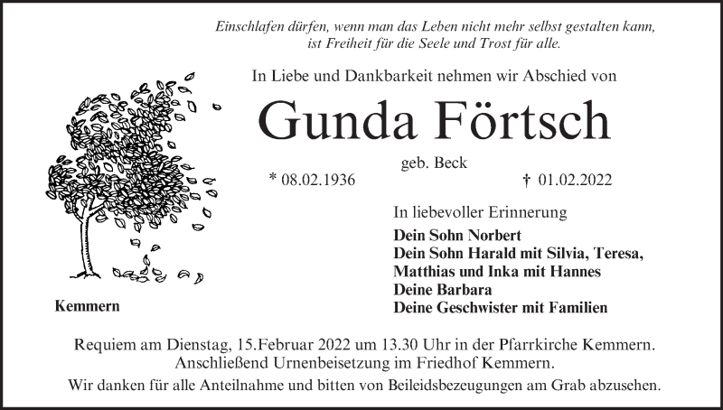  Traueranzeige für Gunda Förtsch vom 11.02.2022 aus MGO