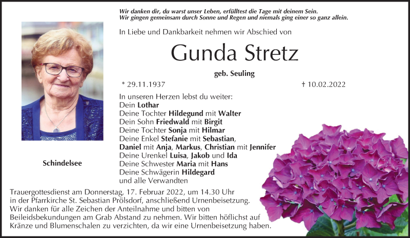  Traueranzeige für Gunda Stretz vom 12.02.2022 aus MGO