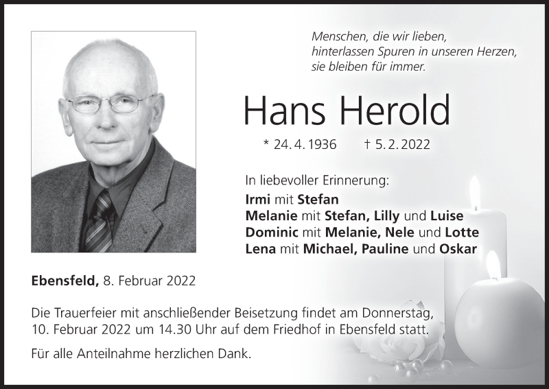  Traueranzeige für Haans Herold vom 08.02.2022 aus MGO