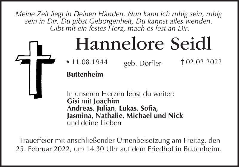  Traueranzeige für Hannelore Seidl vom 19.02.2022 aus MGO
