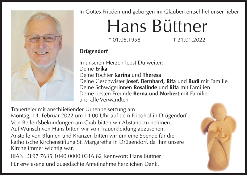  Traueranzeige für Hans Büttner vom 11.02.2022 aus MGO