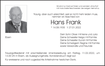 Anzeige von Hans Frank von MGO